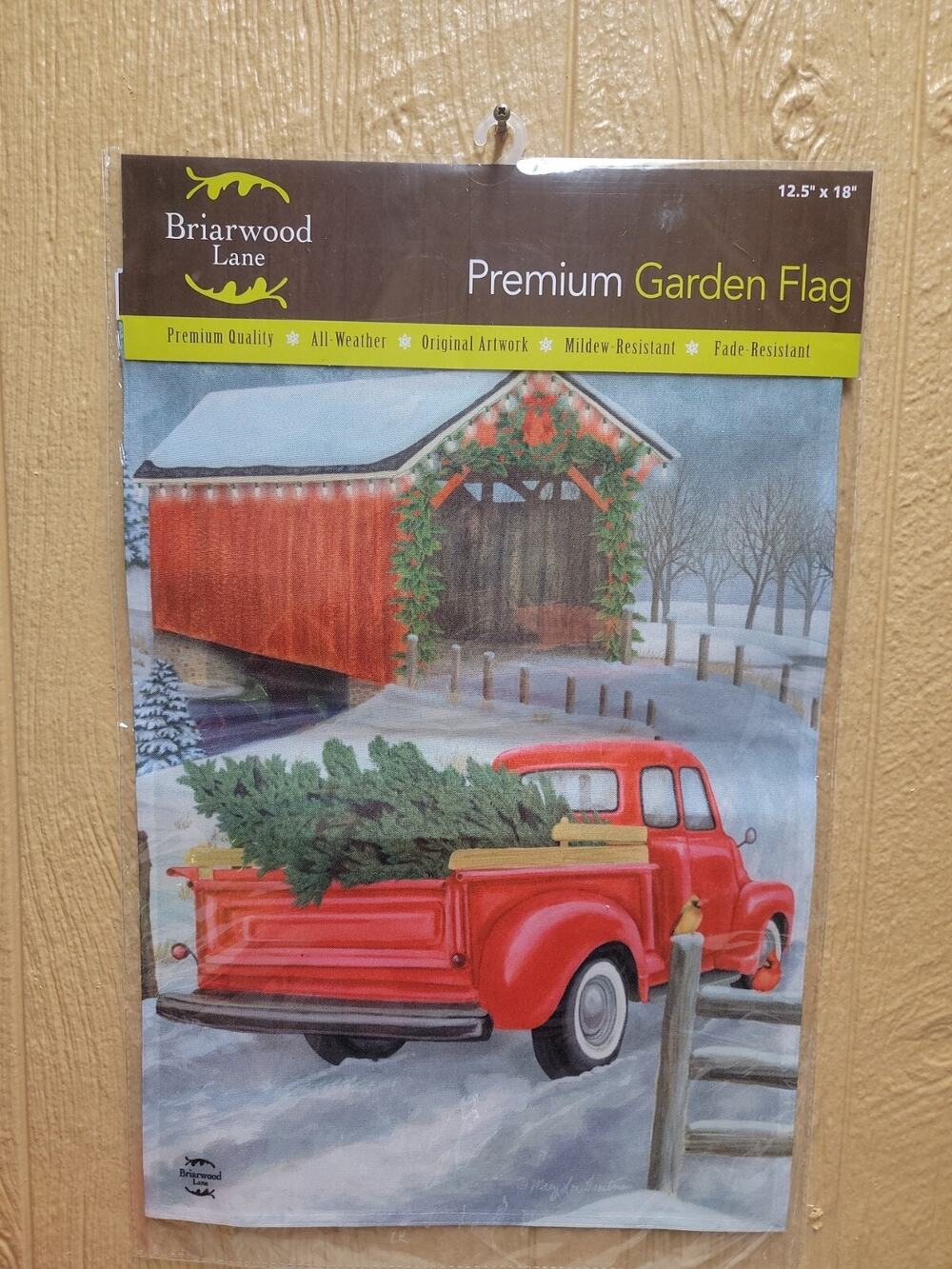 Briarwood Lane Merry Christmas Festive Covered Bridge Little Red Truck 12.5x18"